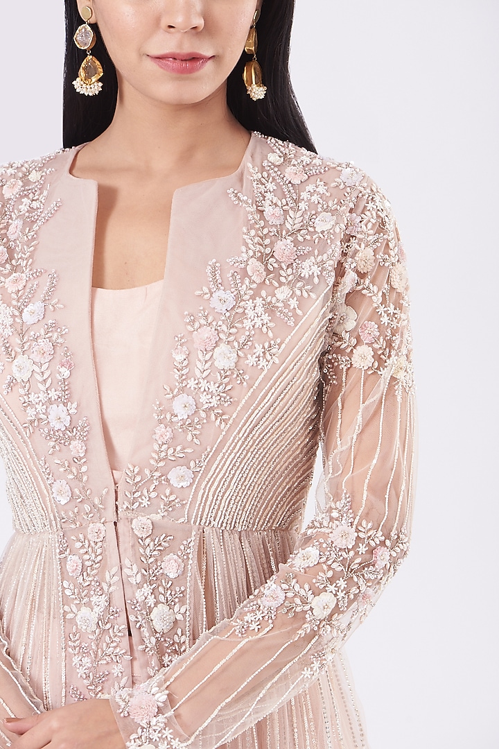 Peach Floral Embroidered Jacket Set by COUTURE BY NIHARIKA at Pernia's Pop Up Shop