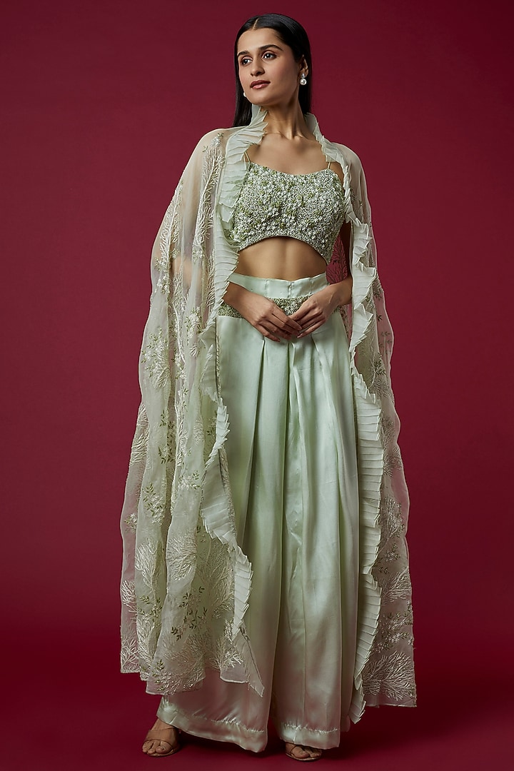 Mint Green Organza Embroidered Cape Set by COUTURE BY NIHARIKA at Pernia's Pop Up Shop