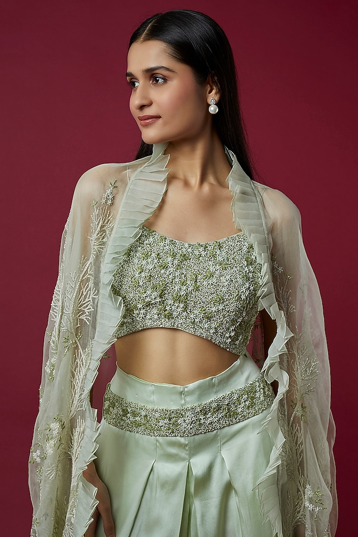 Mint Green Organza Embroidered Cape Set by COUTURE BY NIHARIKA at Pernia's Pop Up Shop
