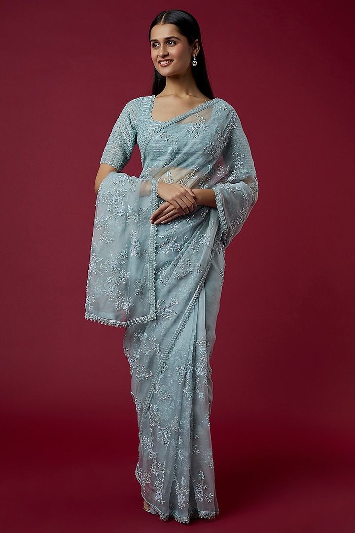 Powder Blue Embellished Saree Set by COUTURE BY NIHARIKA