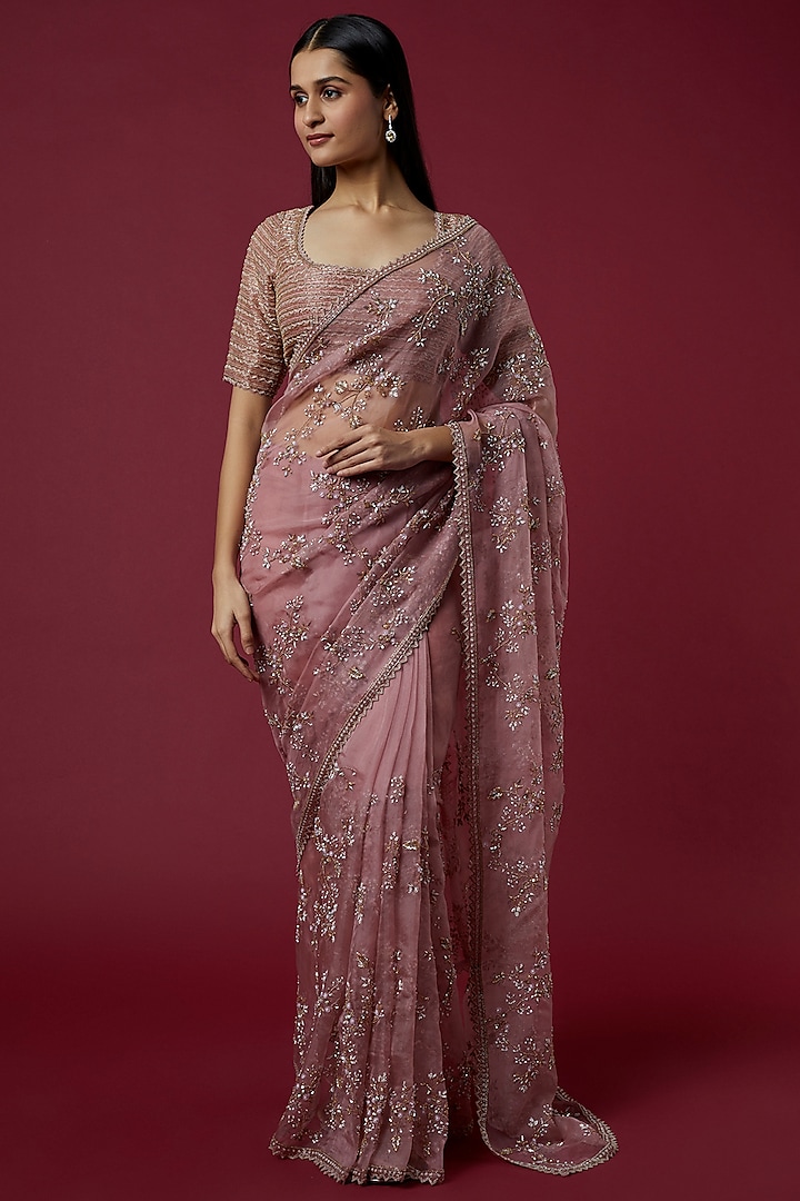 Blush Pink Embellished Saree Set by COUTURE BY NIHARIKA