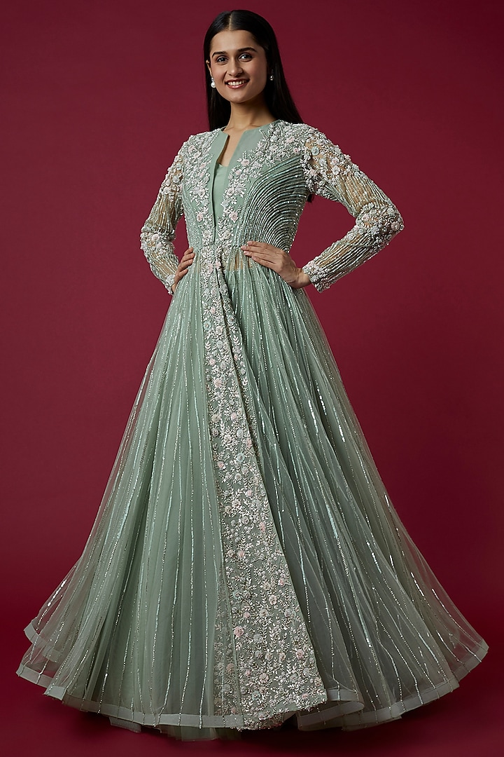 Mint Green Floral Embroidered Jacket Set by COUTURE BY NIHARIKA