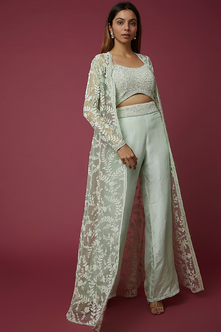 Mint Green Embroidered Jacket Set by COUTURE BY NIHARIKA