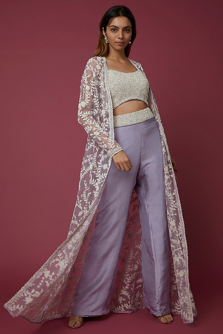 Lavender Embroidered Jacket Set by COUTURE BY NIHARIKA