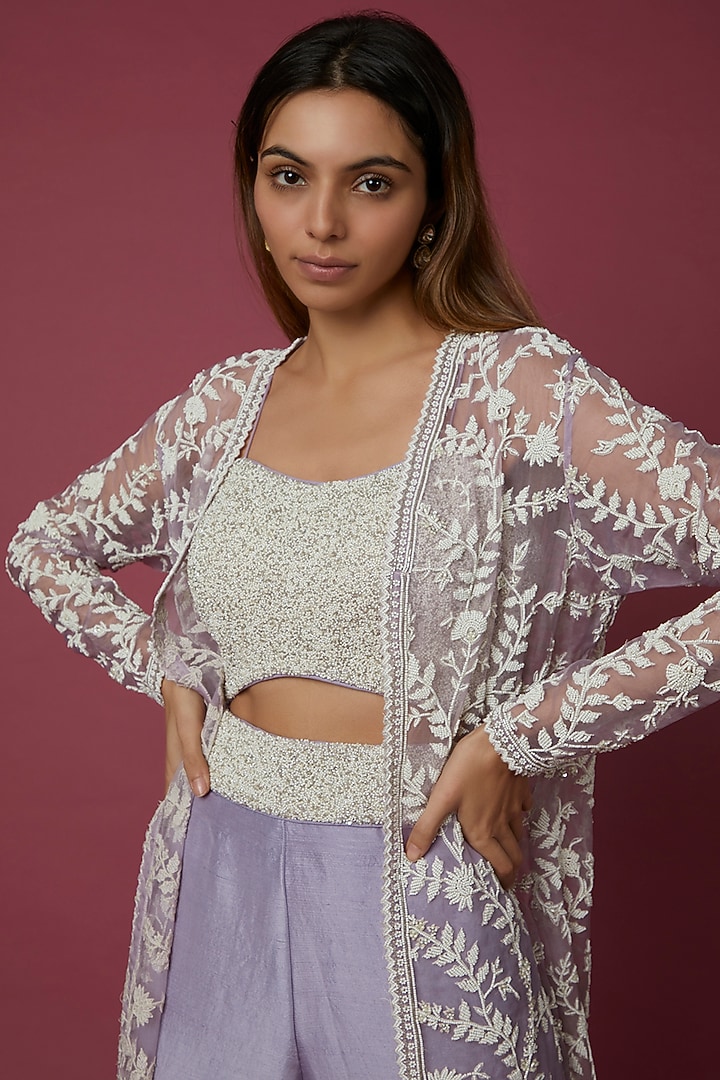 Lavender Embroidered Jacket Set by COUTURE BY NIHARIKA at Pernia's Pop Up Shop