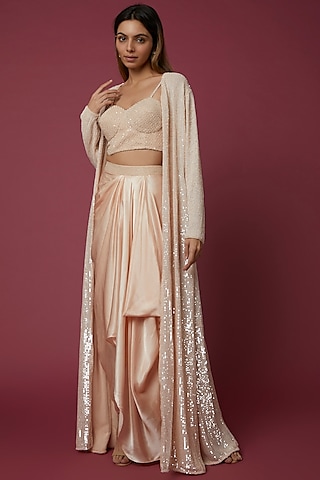 Peach Embroidered Jacket Set by COUTURE BY NIHARIKA