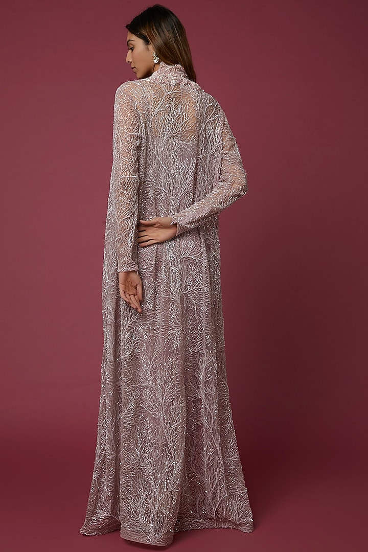 Blush Pink Net Motif Hand Embroidered Jacket Set by COUTURE BY NIHARIKA at Pernia's Pop Up Shop