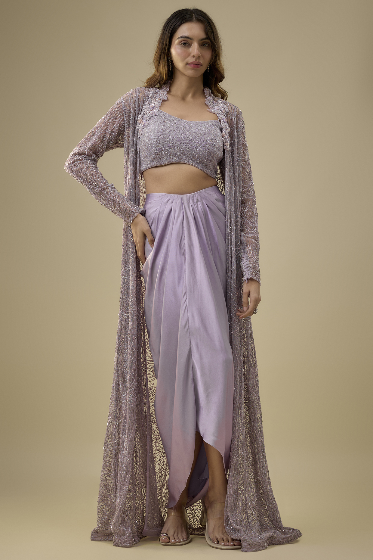 Lilac Pure Satin & Net Floral Jaal Work Jacket Set by COUTURE BY NIHARIKA at Pernia's Pop Up Shop