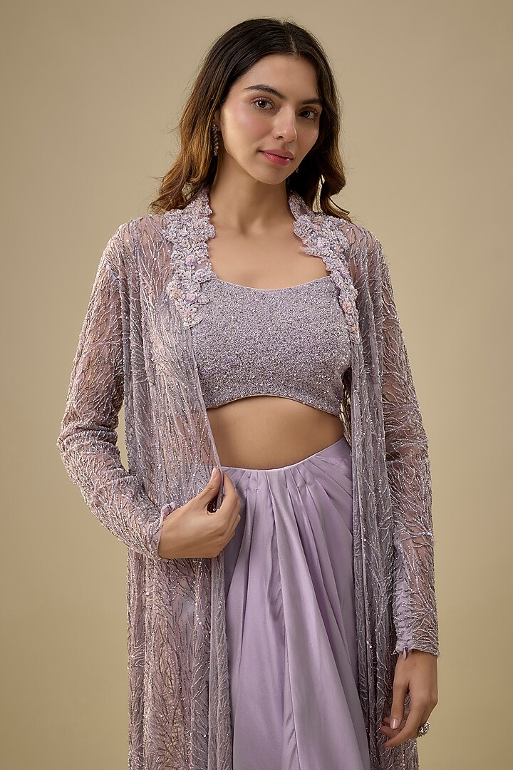 Lilac Pure Satin & Net Floral Jaal Work Jacket Set by COUTURE BY NIHARIKA at Pernia's Pop Up Shop