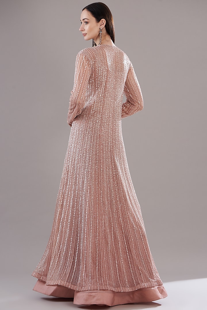 Dark Peach Organza Embroidered Jacket Set by COUTURE BY NIHARIKA at Pernia's Pop Up Shop