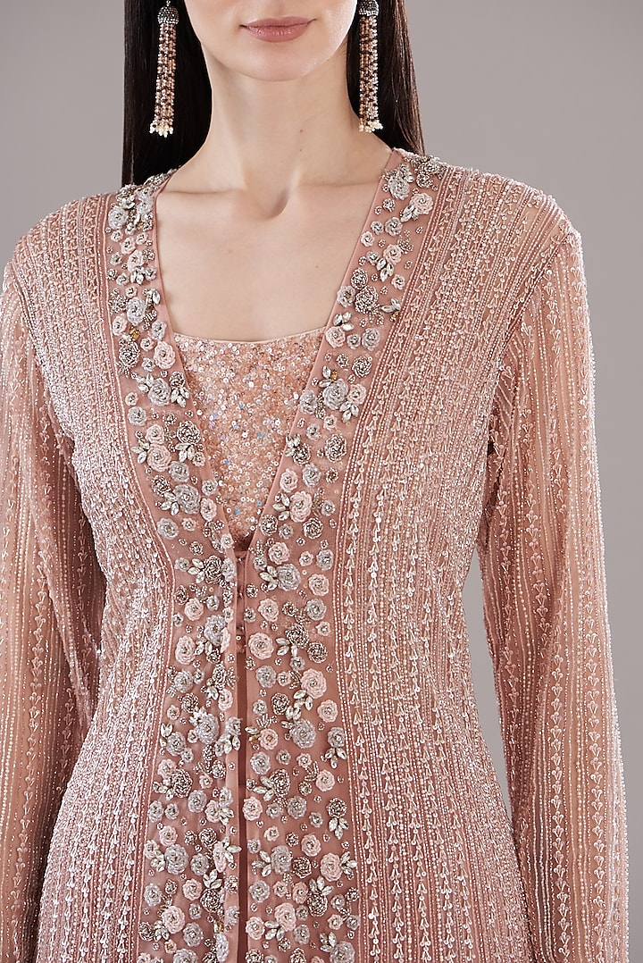 Dark Peach Organza Embroidered Jacket Set by COUTURE BY NIHARIKA at Pernia's Pop Up Shop