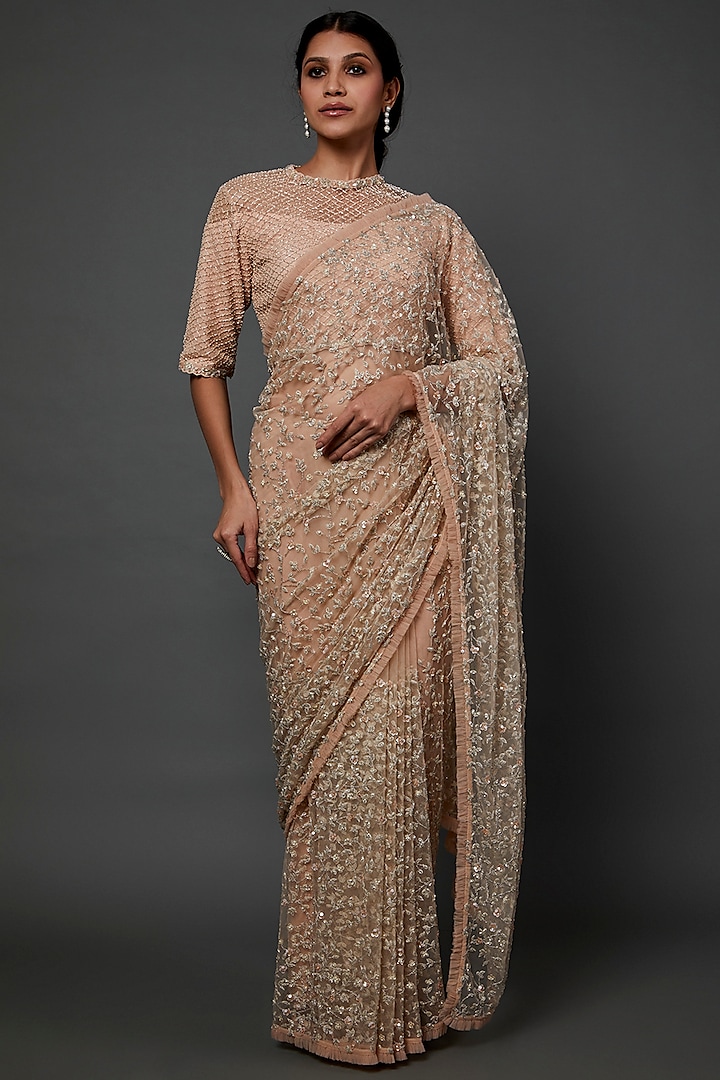 Dark Peach Hand Embroidered Saree Set by COUTURE BY NIHARIKA