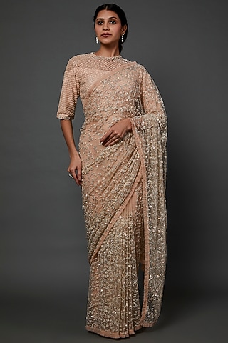 Dark Peach Hand Embroidered Saree Set by COUTURE BY NIHARIKA