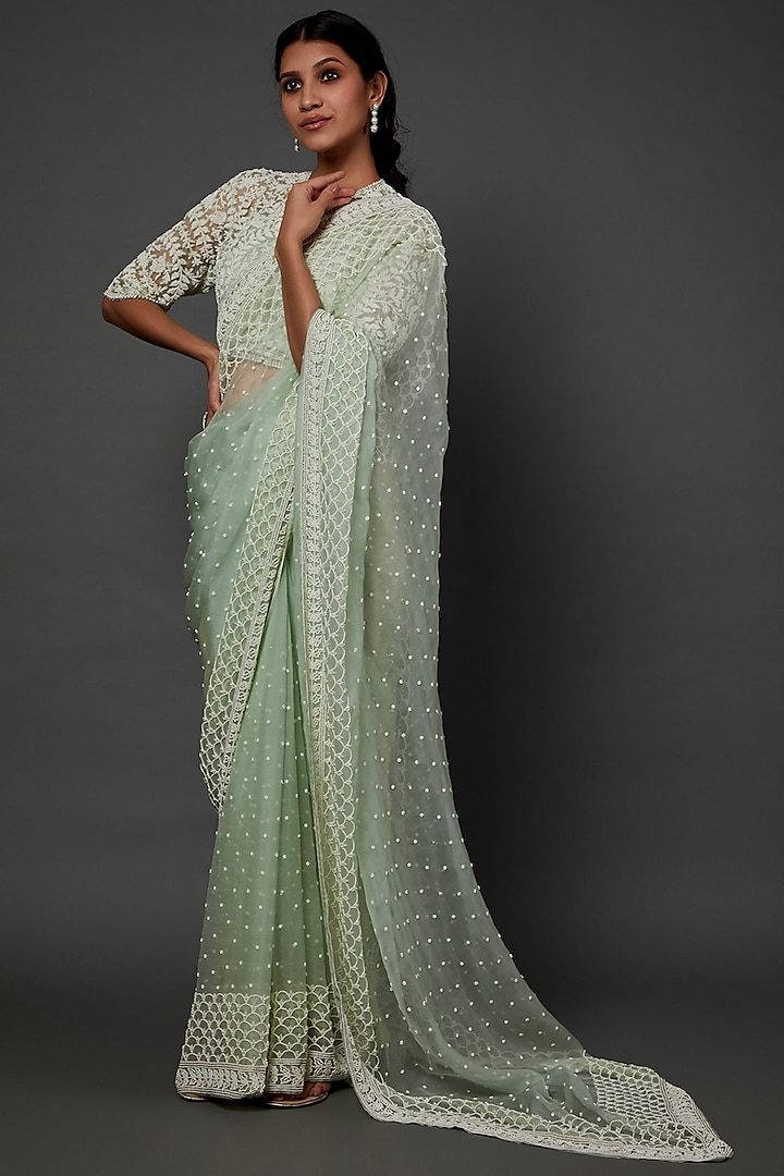 Mint Green Embroidered Saree Set by COUTURE BY NIHARIKA