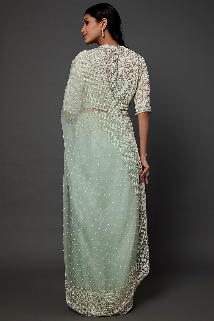 Mint Green Embroidered Reception Saree Set by COUTURE BY NIHARIKA at Pernia's Pop Up Shop