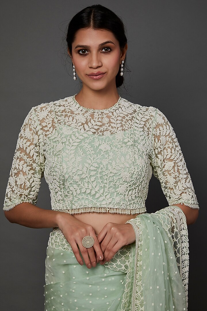 Mint Green Embroidered Reception Saree Set by COUTURE BY NIHARIKA at Pernia's Pop Up Shop