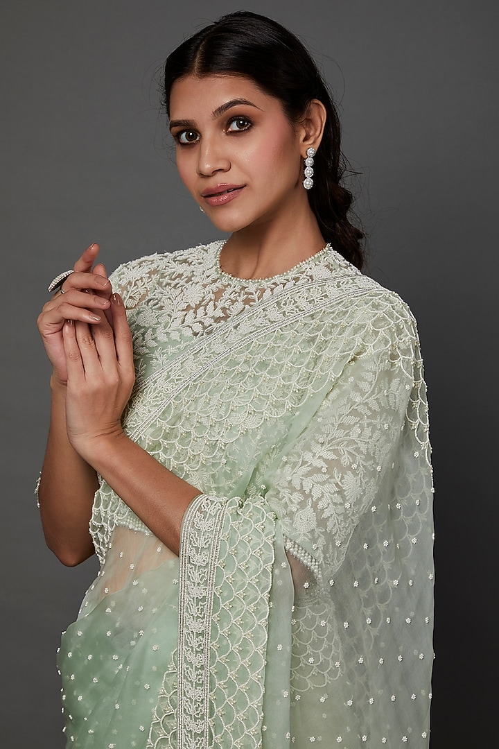 Mint Green Embroidered Reception Saree Set by COUTURE BY NIHARIKA at Pernia's Pop Up Shop