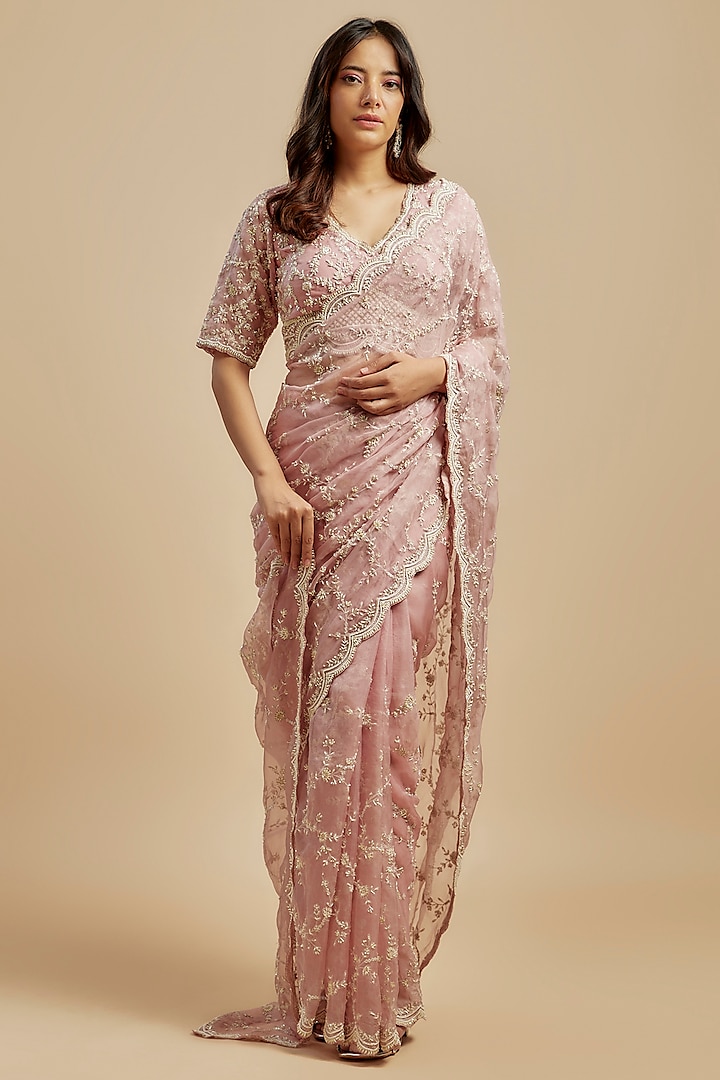 Lilac Pink Organza Jaal Embroidered Wedding Saree Set by COUTURE BY NIHARIKA at Pernia's Pop Up Shop