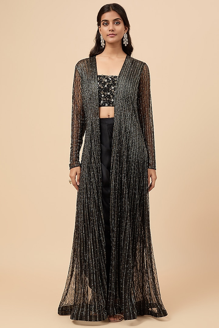 Black Net & Viscose Cutdana Embroidered Jacket Set by COUTURE BY NIHARIKA