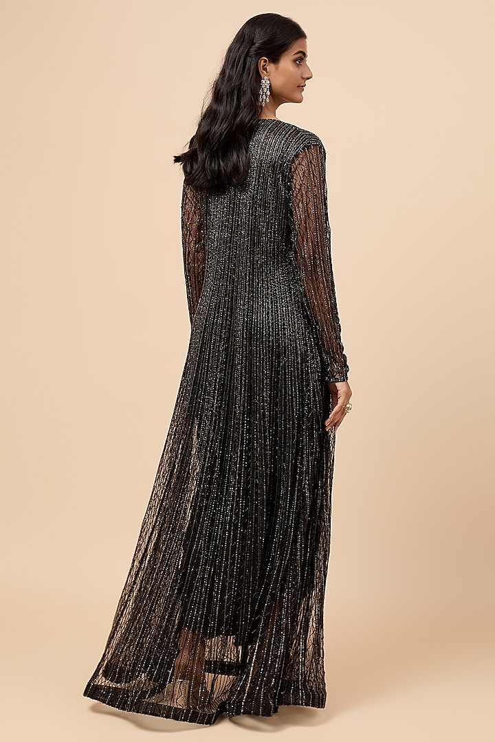 Black Net & Viscose Cutdana Embroidered Jacket Set by COUTURE BY NIHARIKA at Pernia's Pop Up Shop