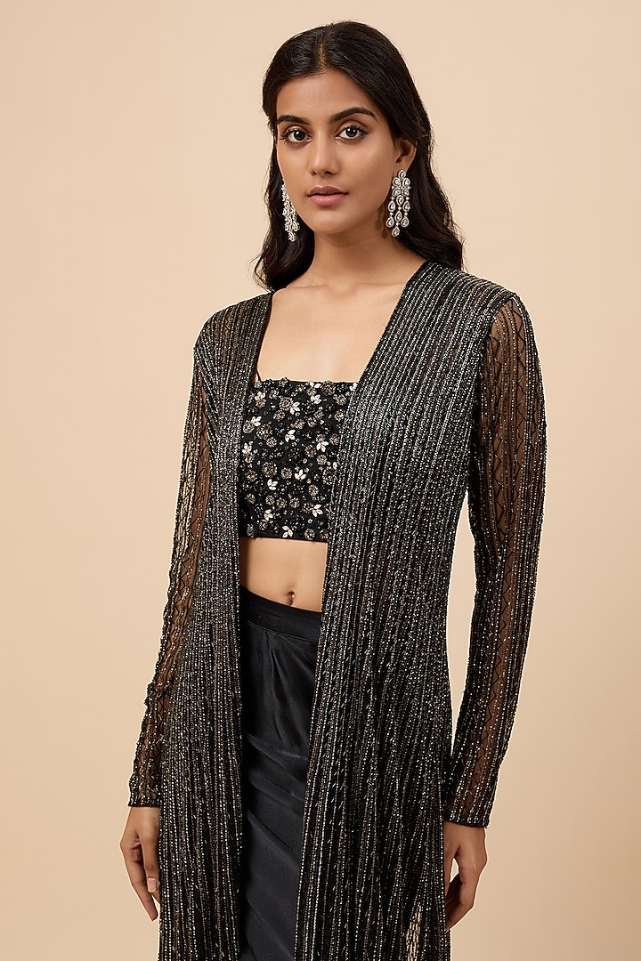 Black Net & Viscose Cutdana Embroidered Jacket Set by COUTURE BY NIHARIKA at Pernia's Pop Up Shop