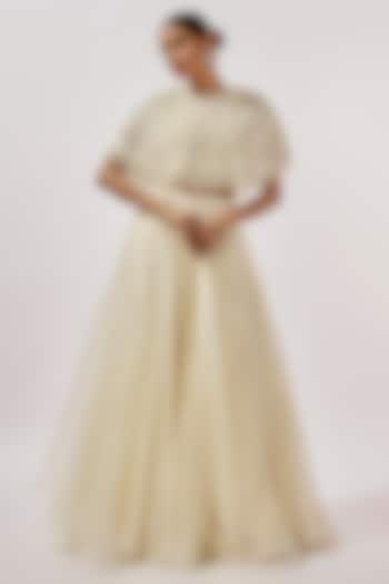 Ivory Organza Scalloped Moti Work Cape Set by COUTURE BY NIHARIKA at Pernia's Pop Up Shop