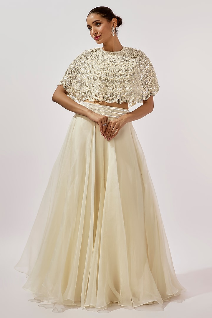 Ivory Organza Scalloped Moti Work Cape Set by COUTURE BY NIHARIKA at Pernia's Pop Up Shop