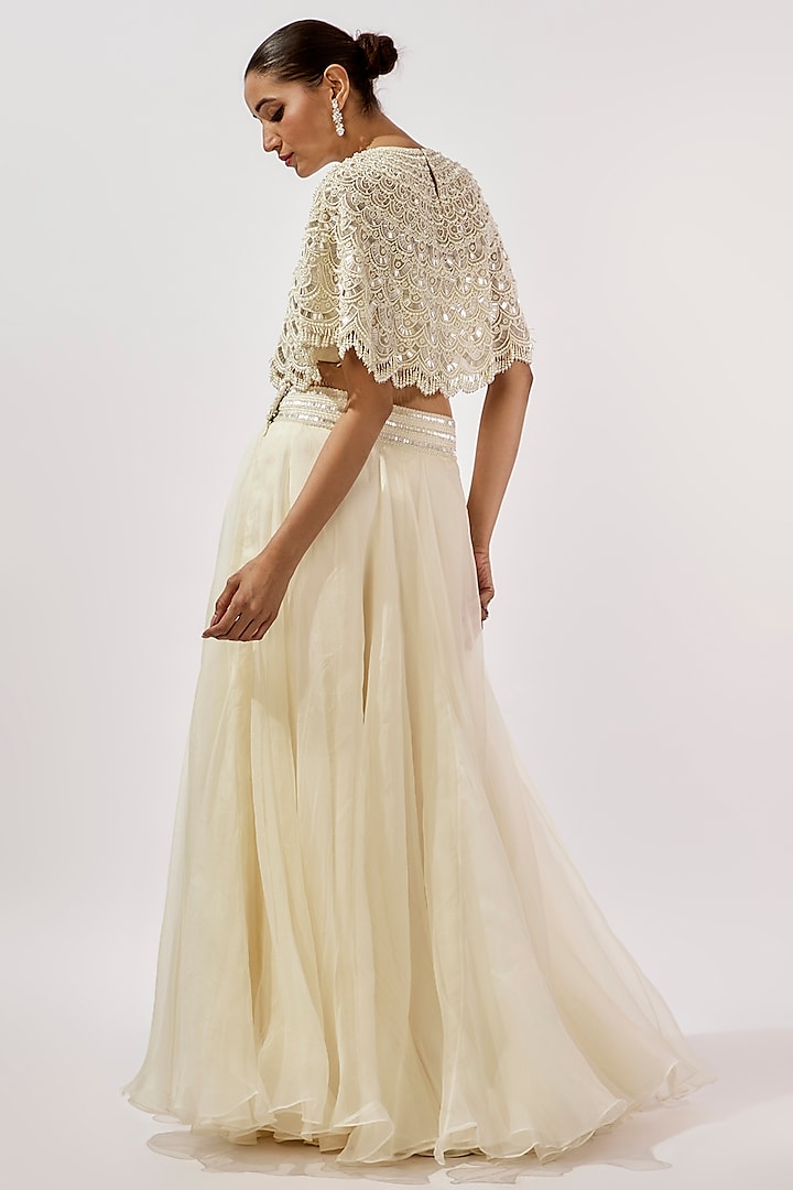 Ivory Organza Scalloped Moti Work Cape Set by COUTURE BY NIHARIKA at Pernia's Pop Up Shop