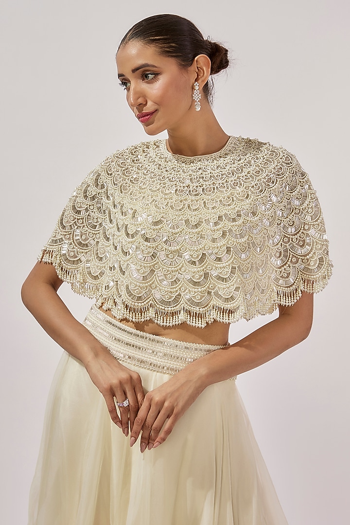 Ivory Organza Scalloped Moti Work Cape Set by COUTURE BY NIHARIKA at Pernia's Pop Up Shop