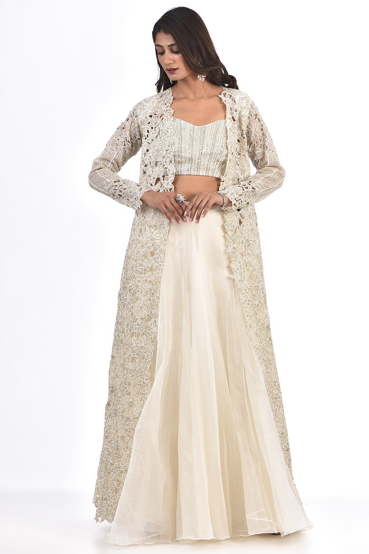 Ivory Net Cutwork Embroidered Jacket Set by COUTURE BY NIHARIKA at Pernia's Pop Up Shop