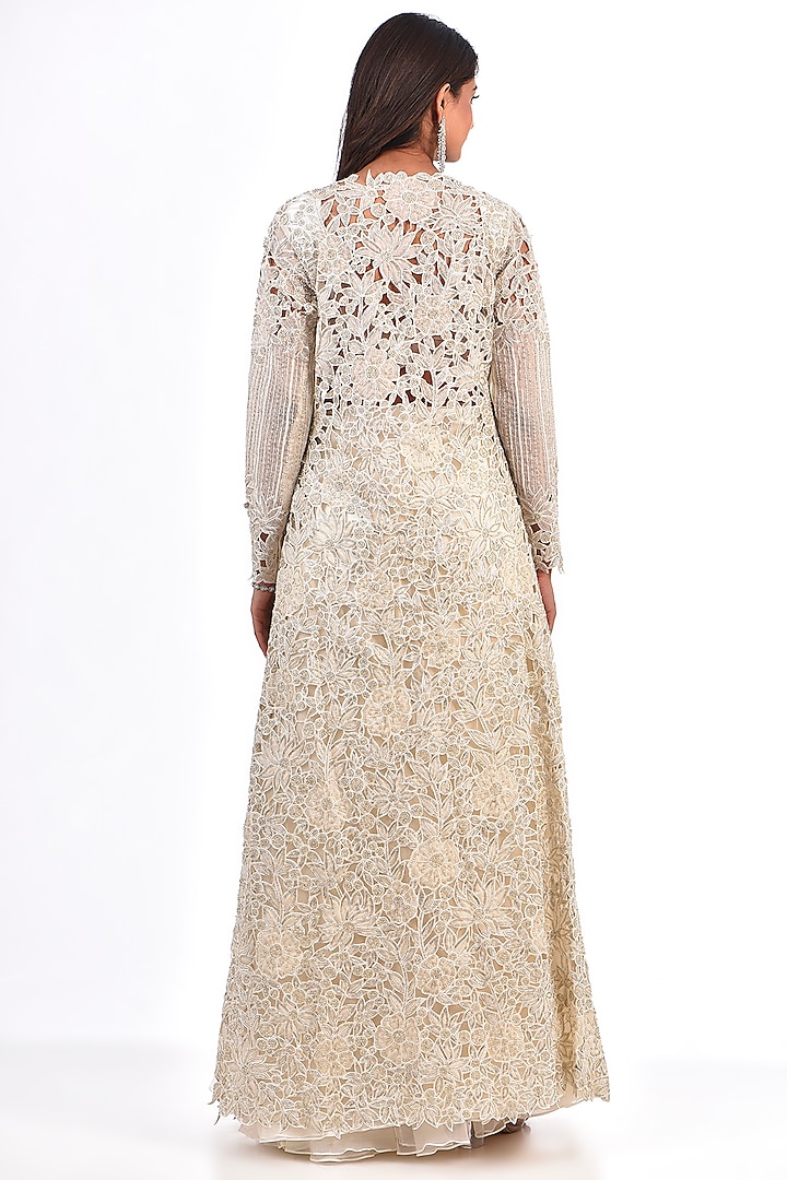 Ivory Net Cutwork Embroidered Jacket Set by COUTURE BY NIHARIKA at Pernia's Pop Up Shop