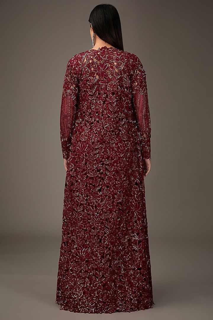 Red Net Cutwork Embroidered Jacket Set by COUTURE BY NIHARIKA at Pernia's Pop Up Shop