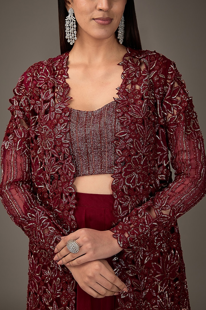 Red Net Cutwork Embroidered Jacket Set by COUTURE BY NIHARIKA at Pernia's Pop Up Shop