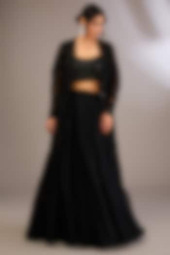 Black Net Cutwork Embroidered Jacket Set by COUTURE BY NIHARIKA at Pernia's Pop Up Shop
