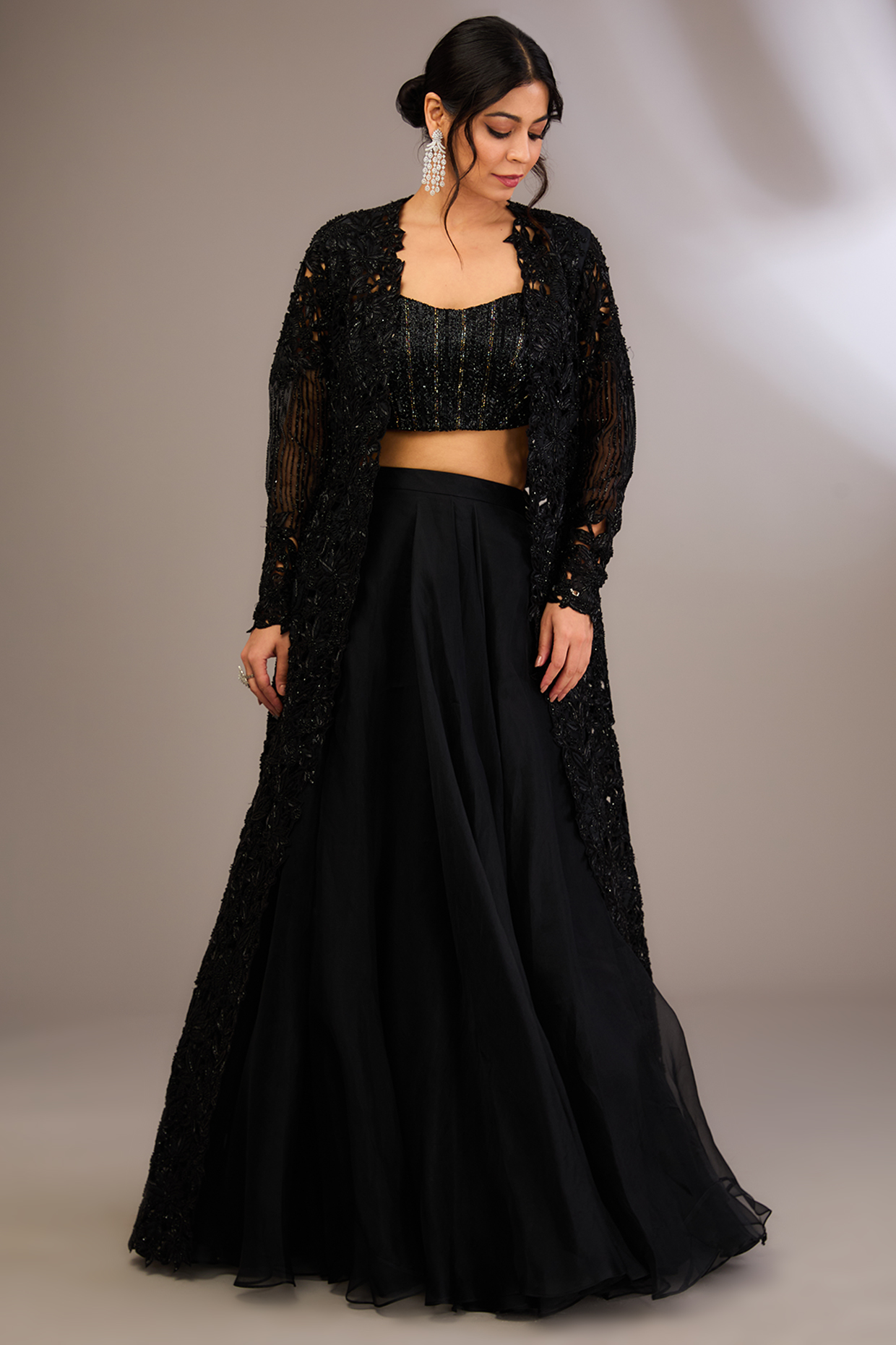 Black Net Cutwork Embroidered Jacket Set by COUTURE BY NIHARIKA at Pernia's Pop Up Shop