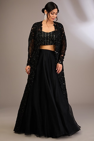 Black Net Cutwork Embroidered Jacket Set by COUTURE BY NIHARIKA