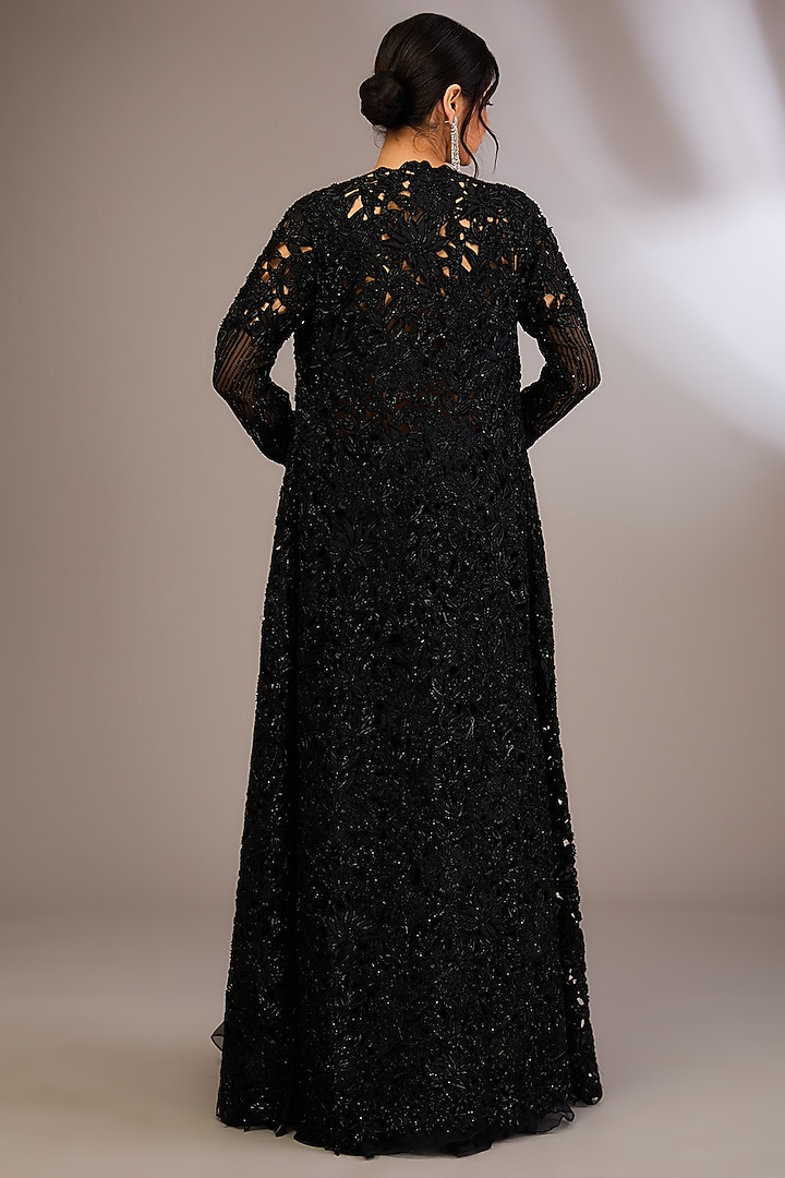 Black Net Cutwork Embroidered Jacket Set by COUTURE BY NIHARIKA at Pernia's Pop Up Shop