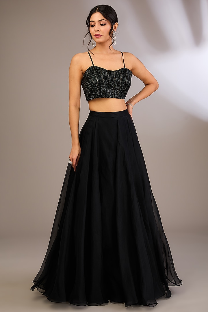 Black Net Cutwork Embroidered Jacket Set by COUTURE BY NIHARIKA at Pernia's Pop Up Shop