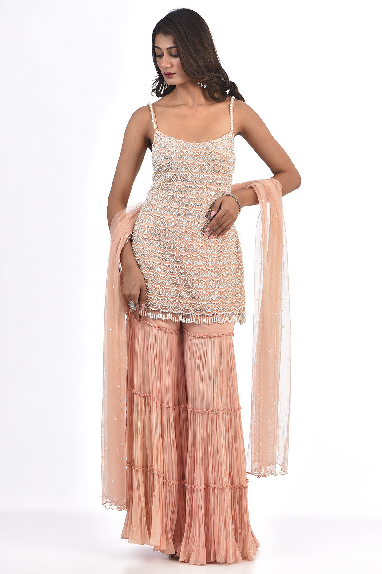 Peach Viscose Sharara Set by COUTURE BY NIHARIKA at Pernia's Pop Up Shop