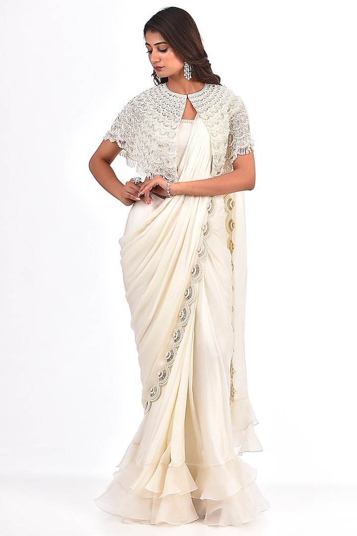 Ivory Satin Georgette Pearl Work Saree Set by COUTURE BY NIHARIKA at Pernia's Pop Up Shop