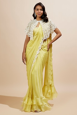 Yellow Satin Georgette Moti Work Saree Set by COUTURE BY NIHARIKA