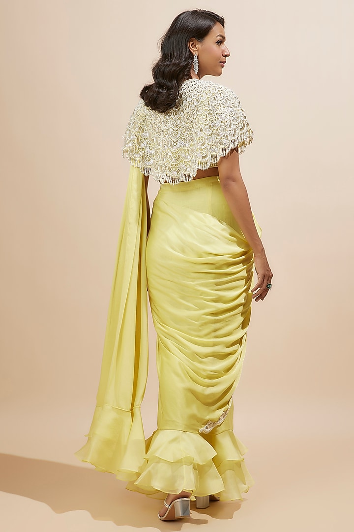 Yellow Satin Georgette Moti Work Reception Saree Set by COUTURE BY NIHARIKA at Pernia's Pop Up Shop