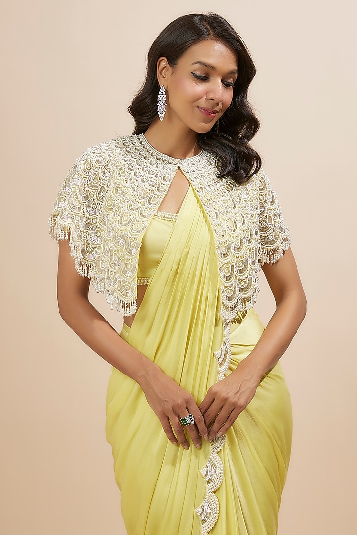 Yellow Satin Georgette Moti Work Reception Saree Set by COUTURE BY NIHARIKA at Pernia's Pop Up Shop