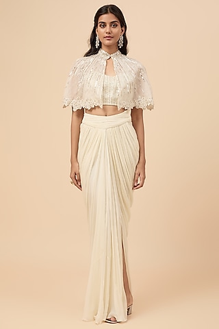 Ivory Viscose Draped Skirt Set by COUTURE BY NIHARIKA
