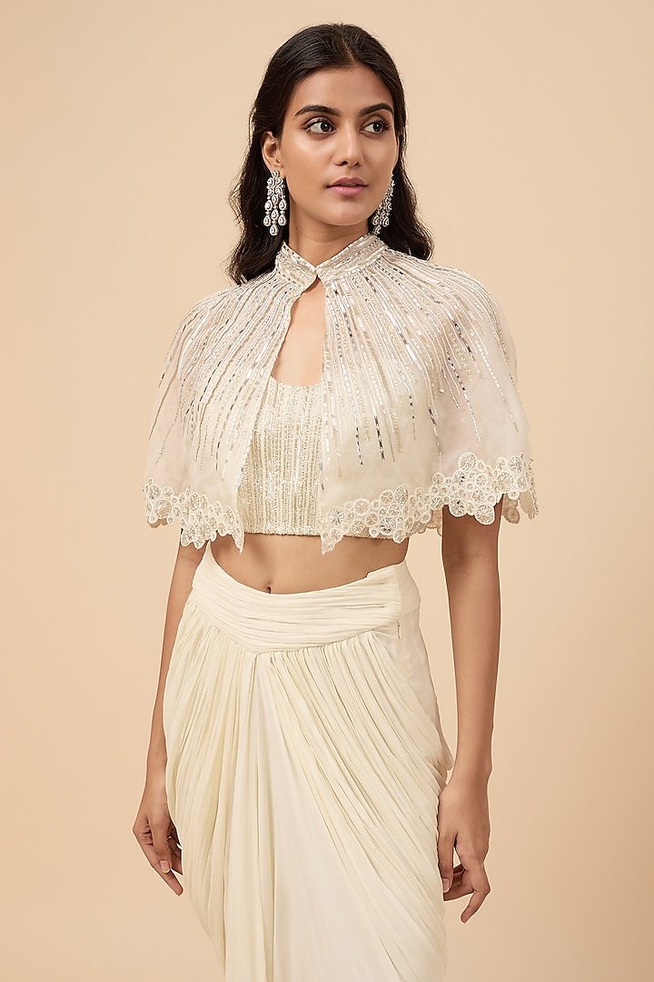 Ivory Viscose Draped Skirt Set by COUTURE BY NIHARIKA at Pernia's Pop Up Shop