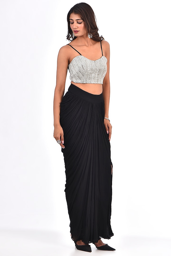 Black Viscose Georgette Draped Skirt Set by COUTURE BY NIHARIKA at Pernia's Pop Up Shop