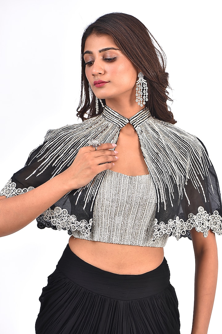 Black Viscose Georgette Draped Skirt Set by COUTURE BY NIHARIKA at Pernia's Pop Up Shop