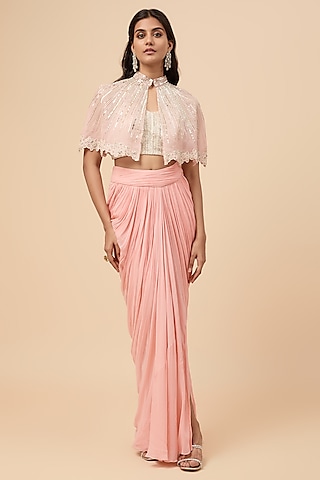 Pink Viscose Draped Skirt Set by COUTURE BY NIHARIKA
