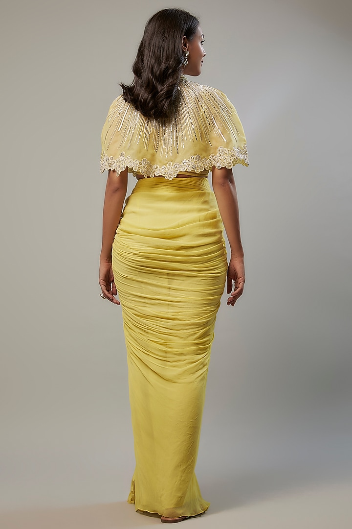 Yellow Viscose Georgette Draped Skirt Set by COUTURE BY NIHARIKA at Pernia's Pop Up Shop