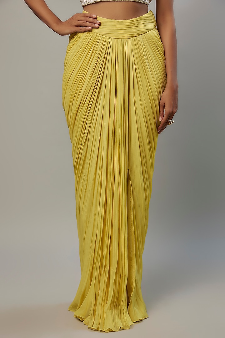 Yellow Viscose Georgette Draped Skirt Set by COUTURE BY NIHARIKA at Pernia's Pop Up Shop